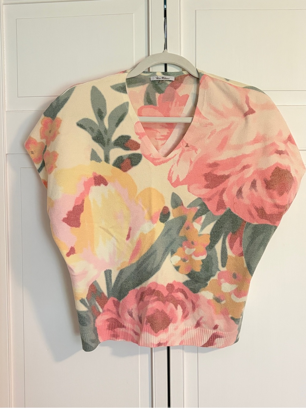 Floral V-Neck Sweater Top in Pink, Cream and Green